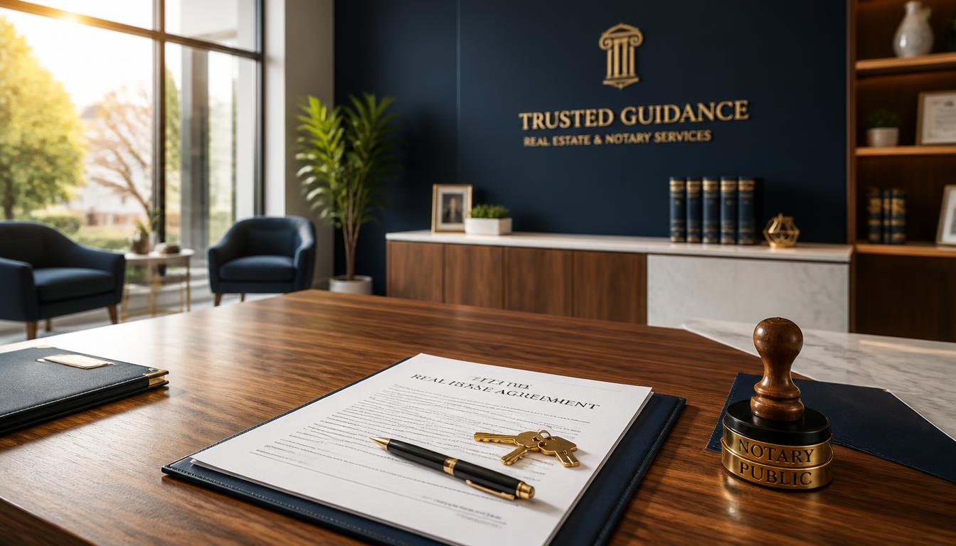 Professional real estate and notary office with documents and keys on a desk